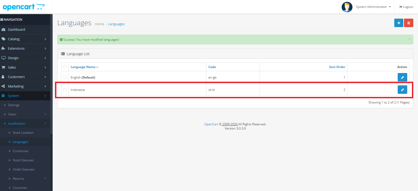 Bahasa Opencart Berhasil Diinstal