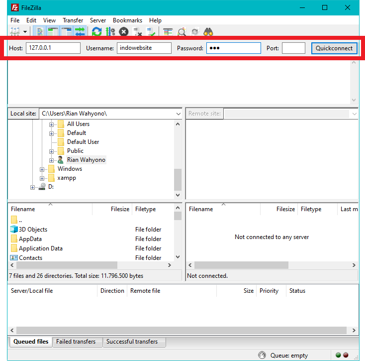 Tes Akun melalui Filezilla