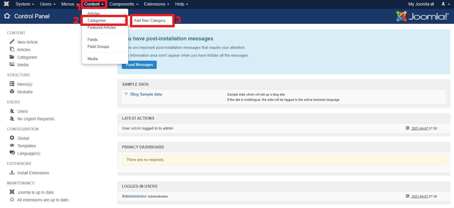 Add New Category Joomla