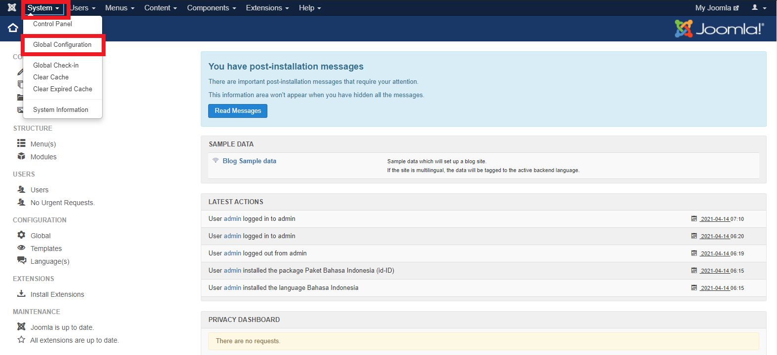 Global Configuration Joomla