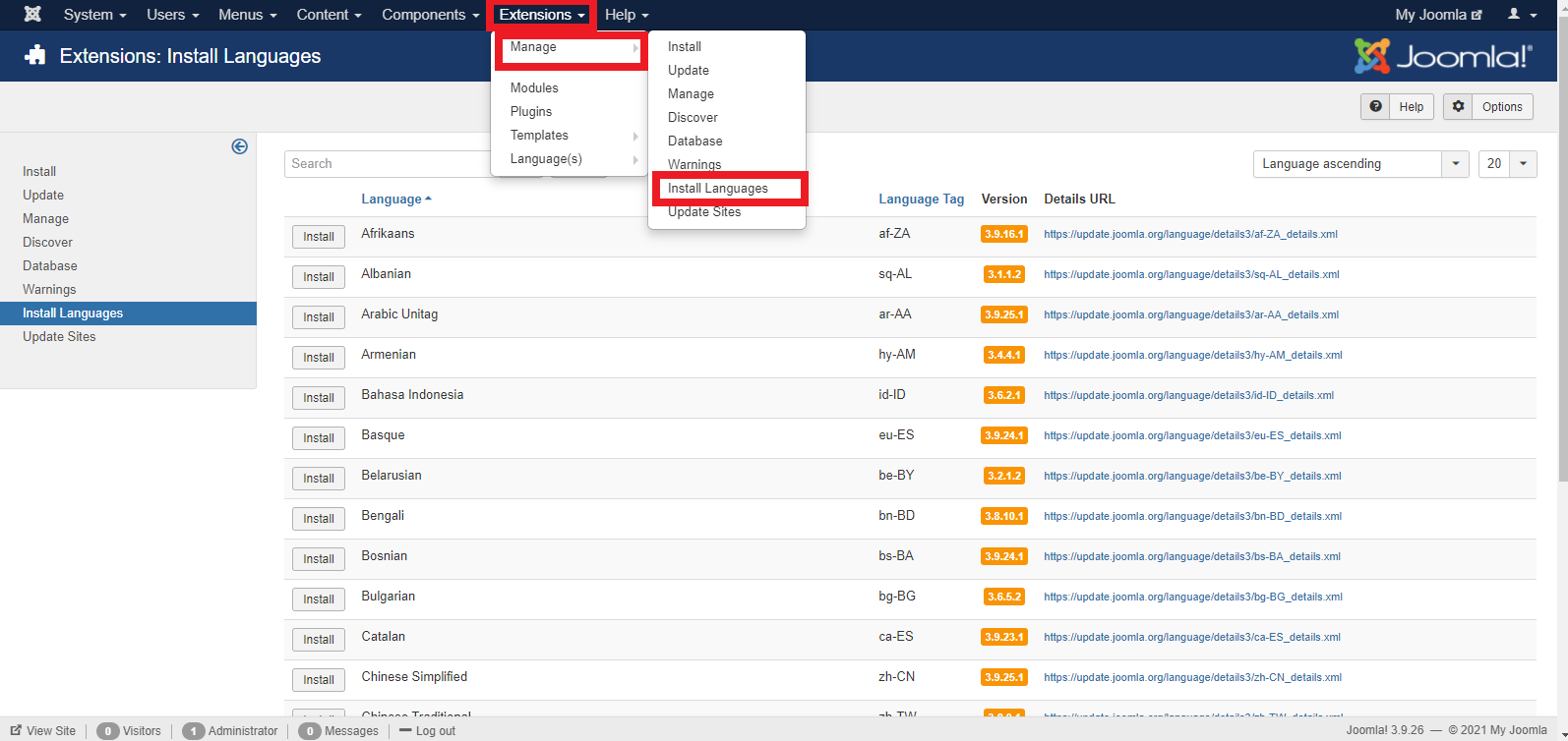 Install Bahasa Joomla