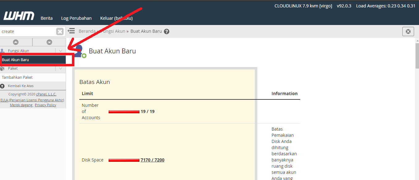 Menu Membuat Akun di WHM
