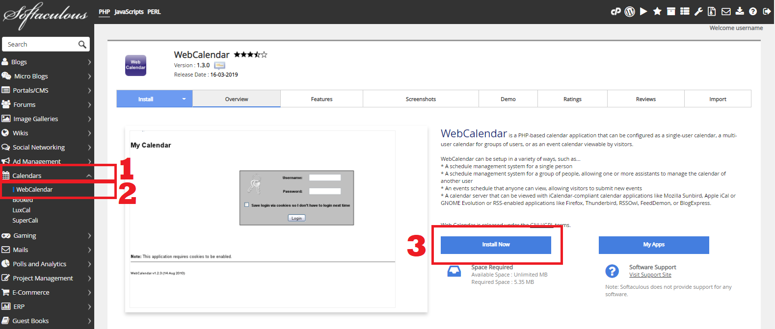 WebCalendar di Softaculous