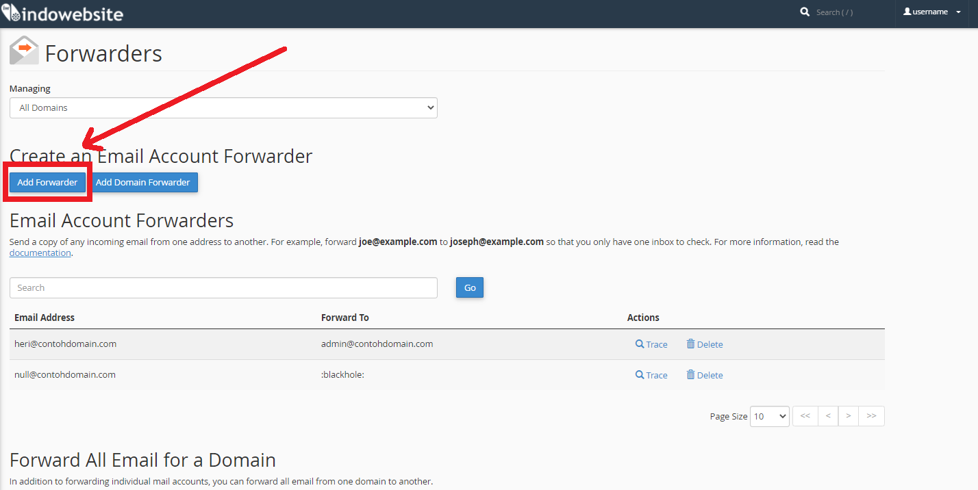 Halaman Forwarders Email