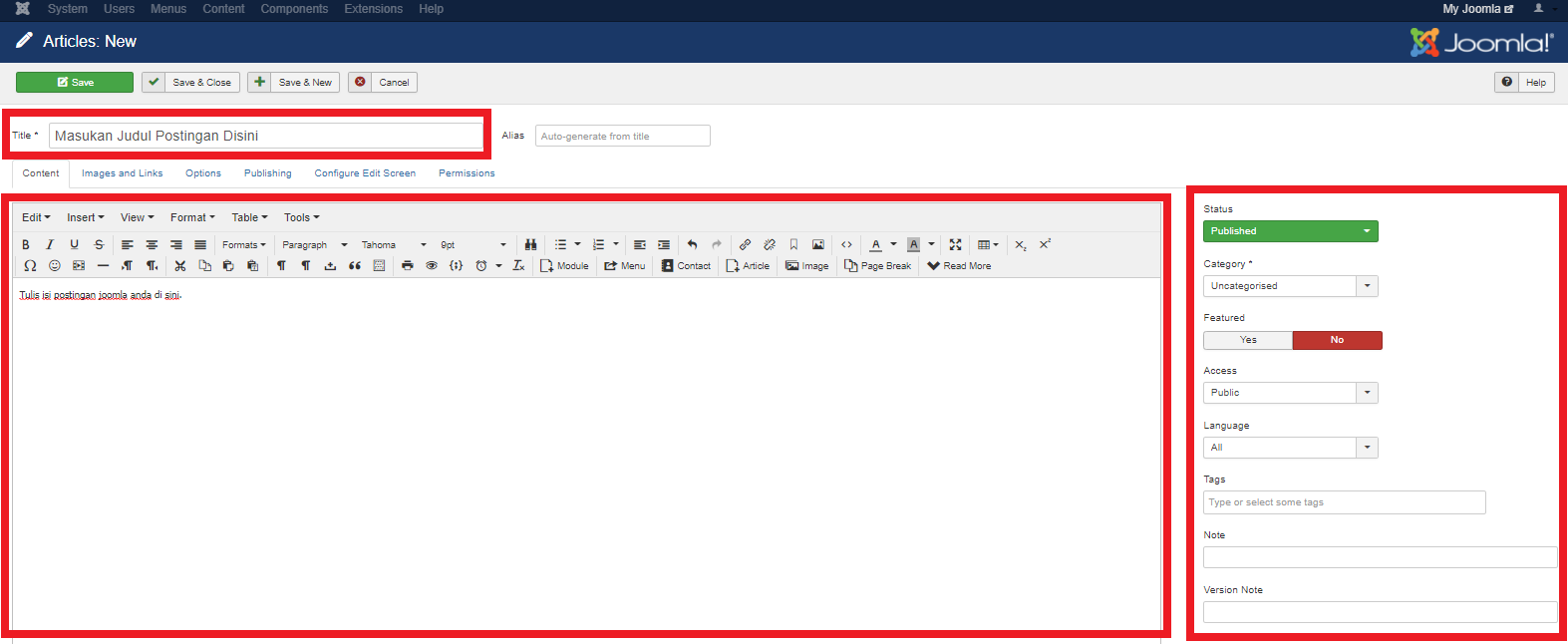 Halaman Pembuatan Postingan Joomla