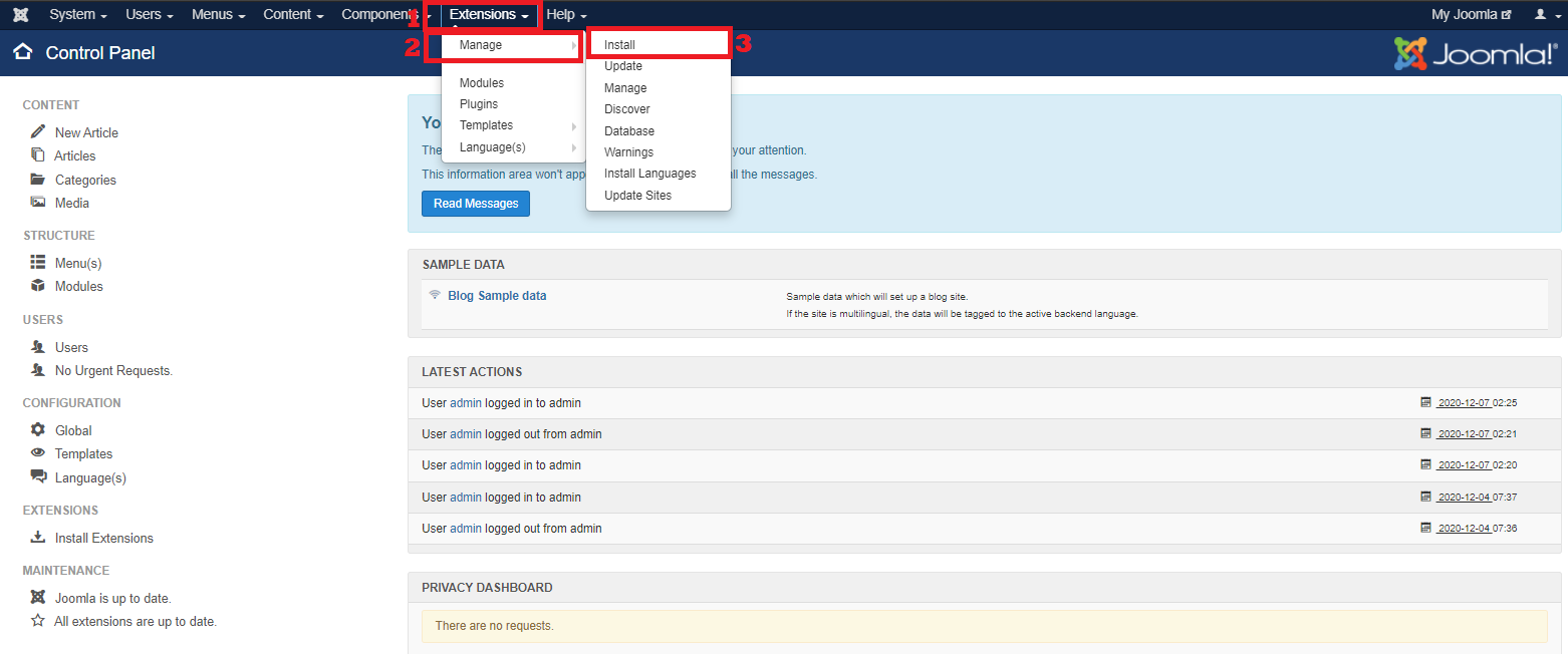 Install Extension Joomla