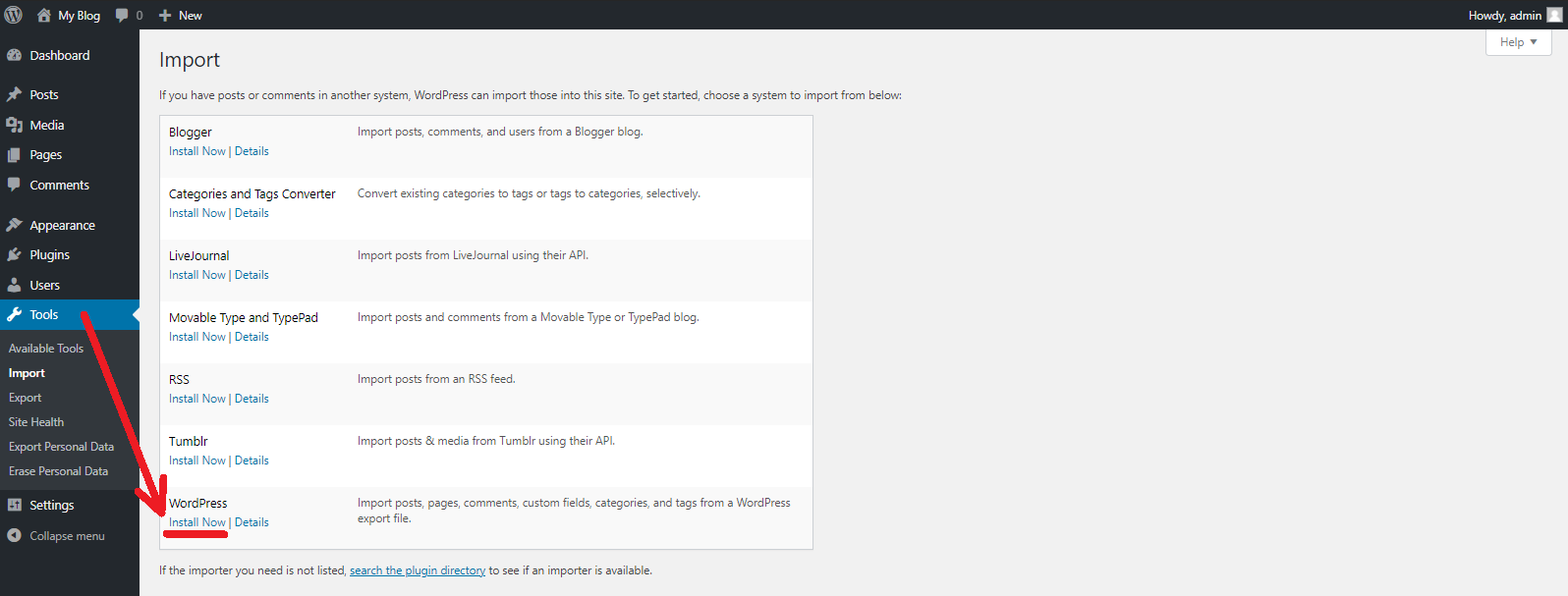 Install Wordpress Import