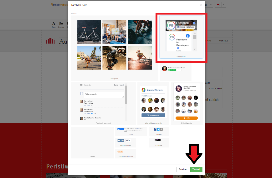 Pilih Item Fanspage Facebook