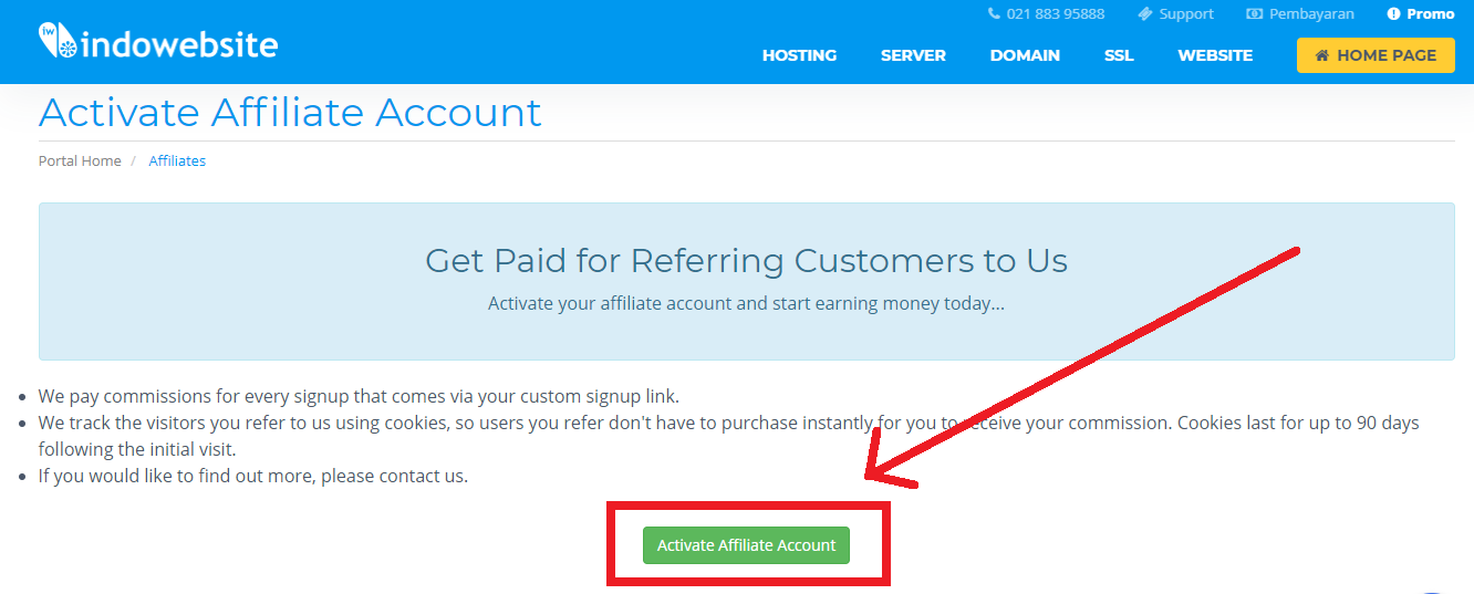 Tombol Aktivasi Afiliasi