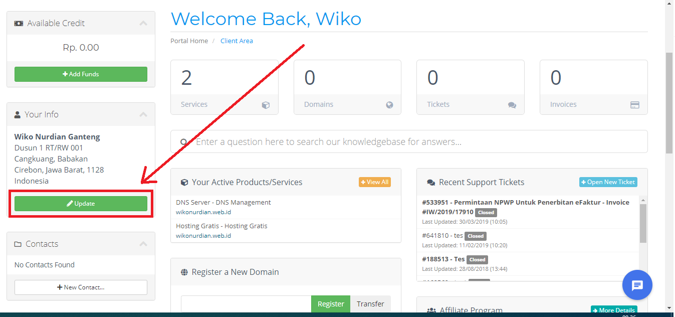 Tombol Update Member Area Indowebsite
