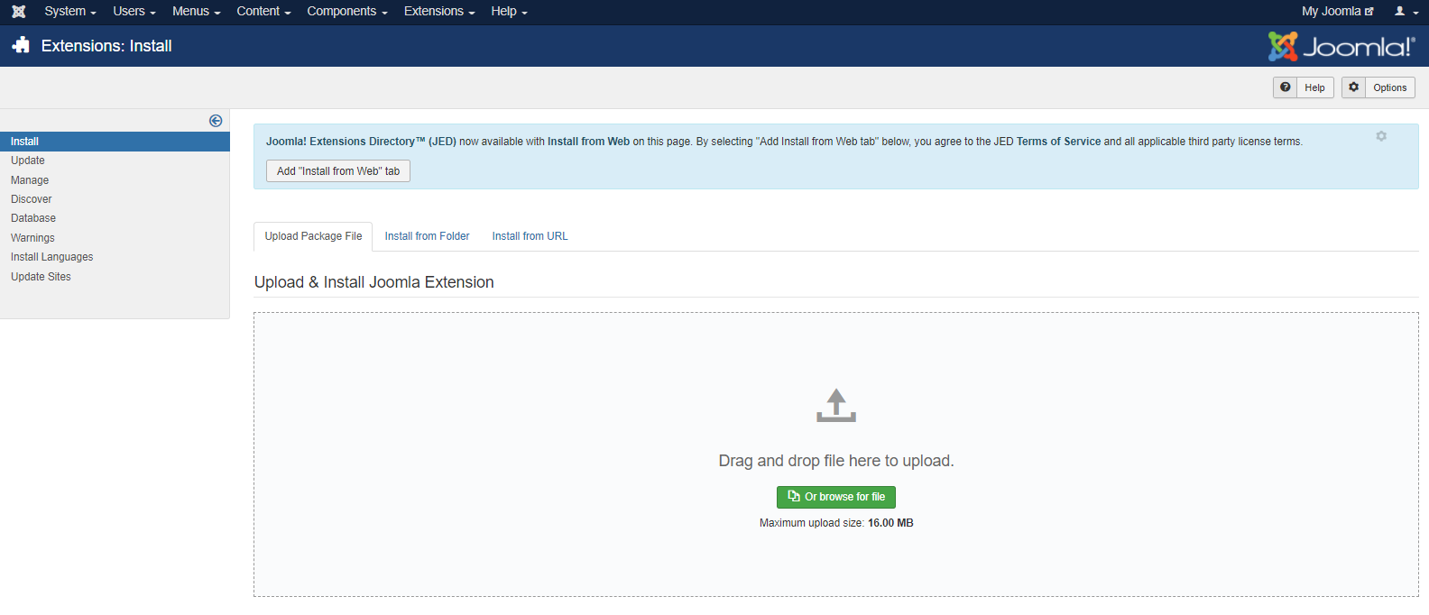 Halaman Upload Extension Joomla
