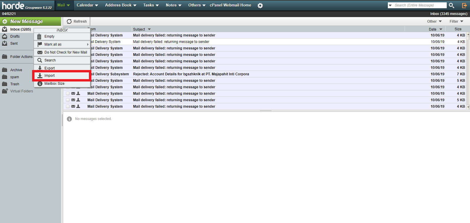 Import Email Horde