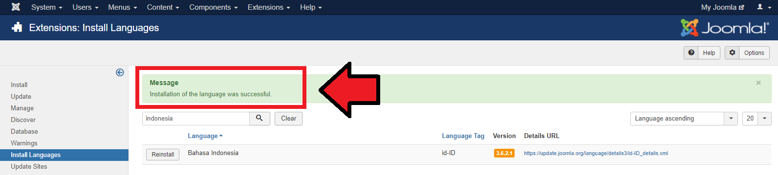 Install Bahasa Joomla Selesai