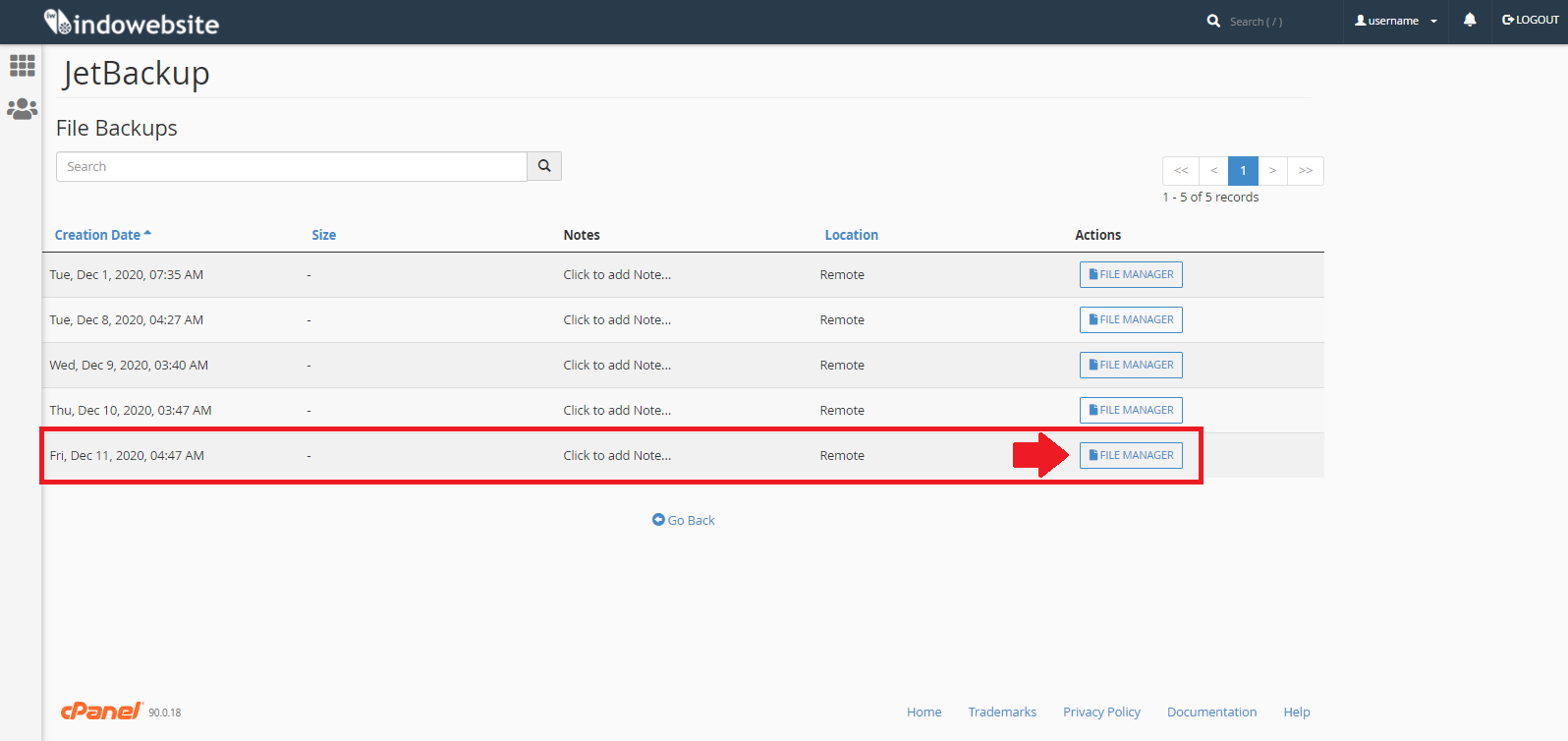 Pilih tanggal Backup