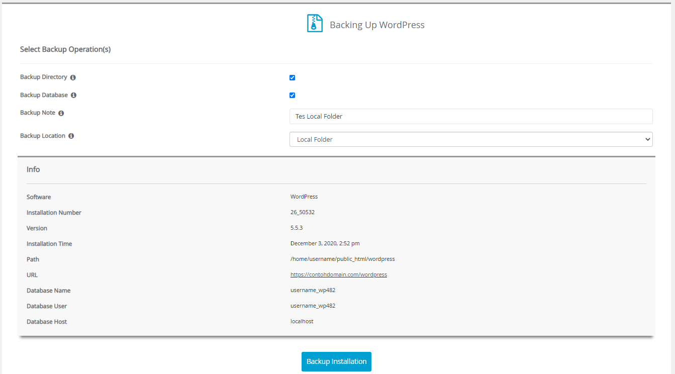 Setting Backup Softaculous