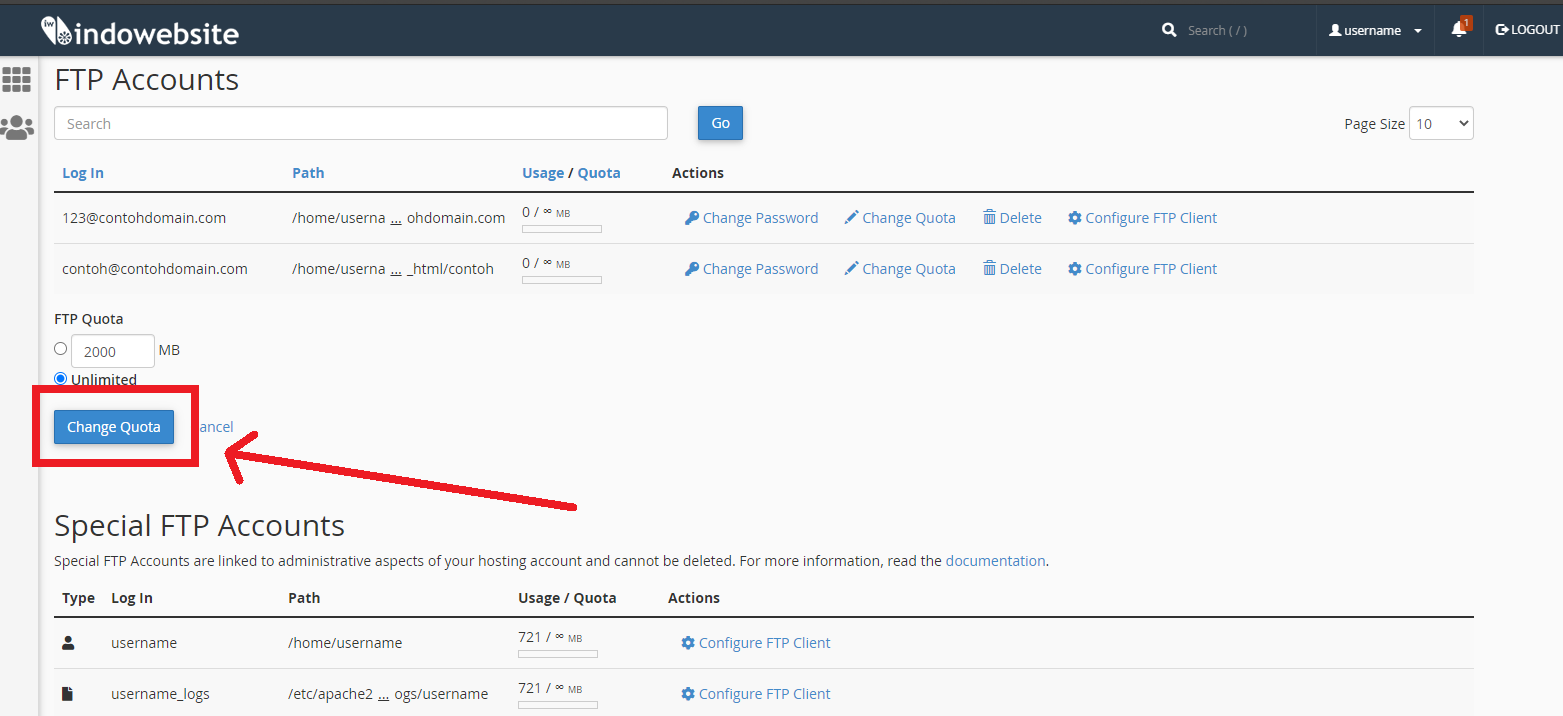 Tombol Change Quota FTP