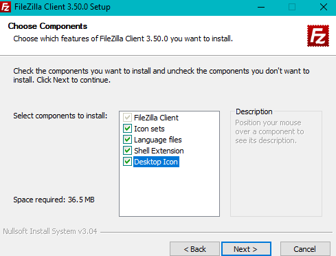 Pilih Komponen Installasi FileZilla