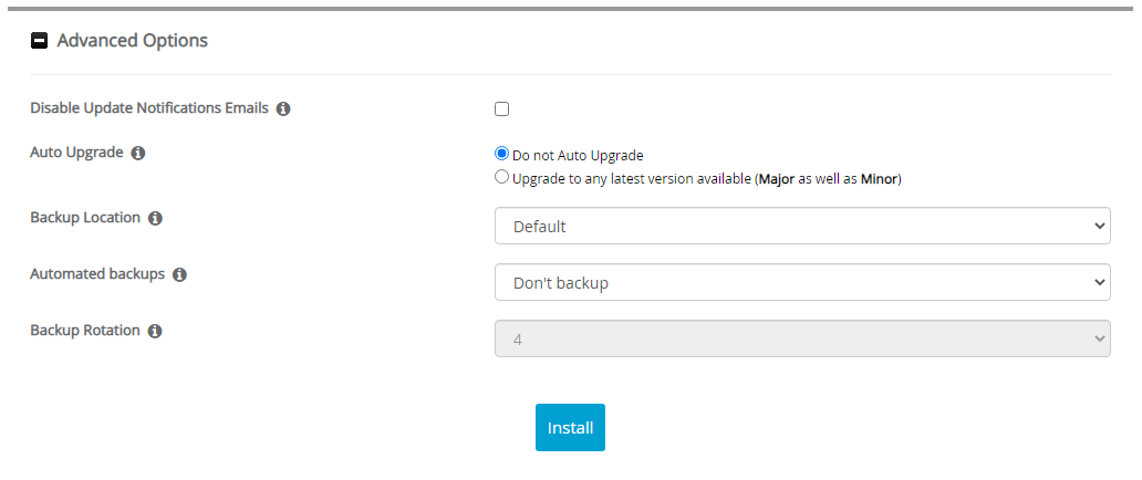 Advanced Options phpMyAdmin