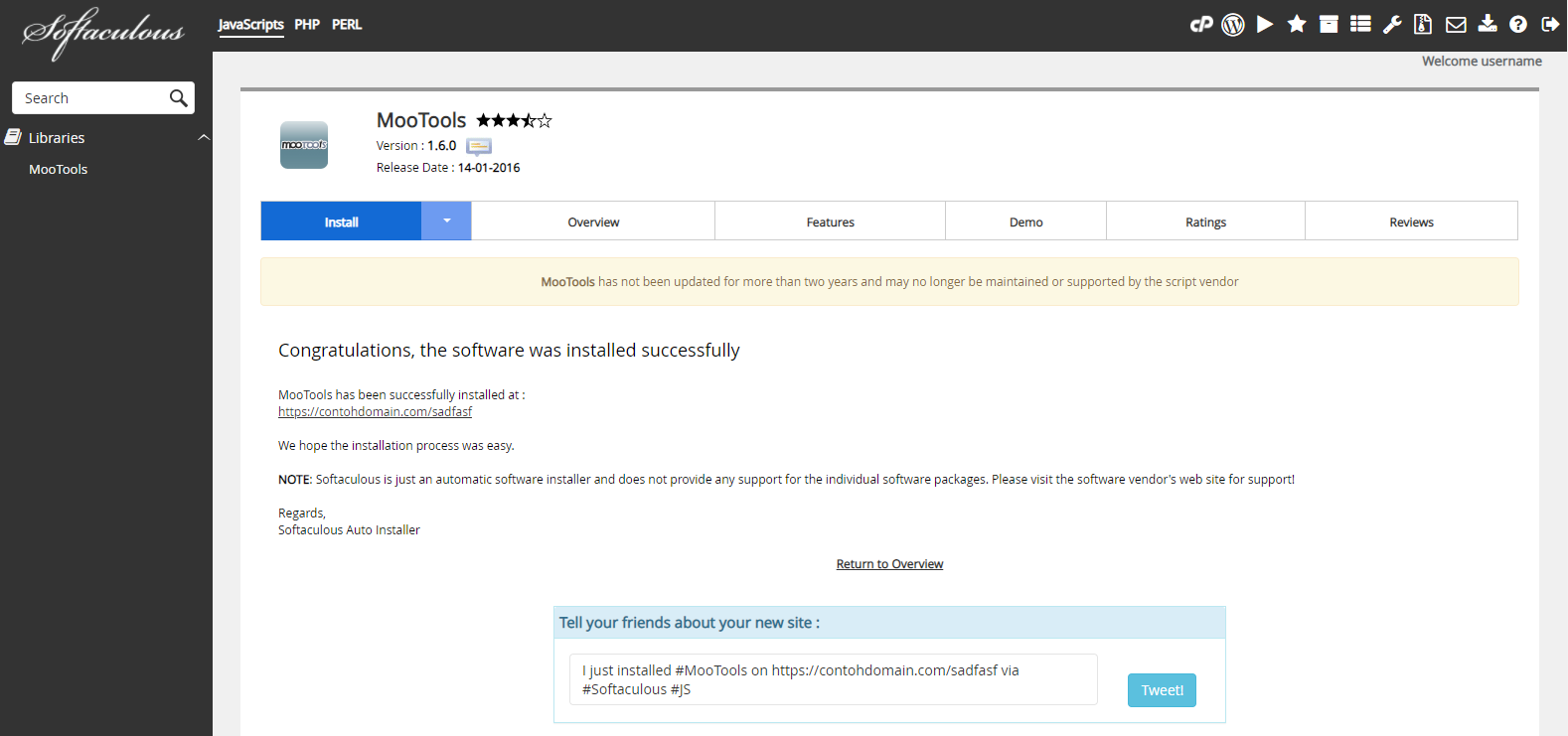 Instalasi MooTools Selesai