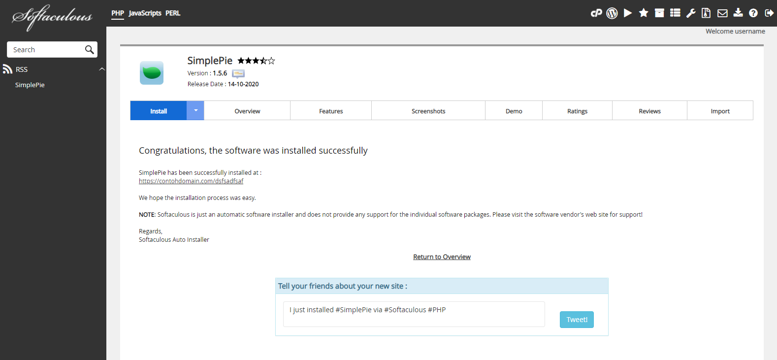 Instalasi SimplePie Selesai