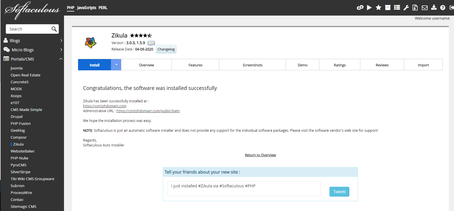 Instalasi Zikula Selesai