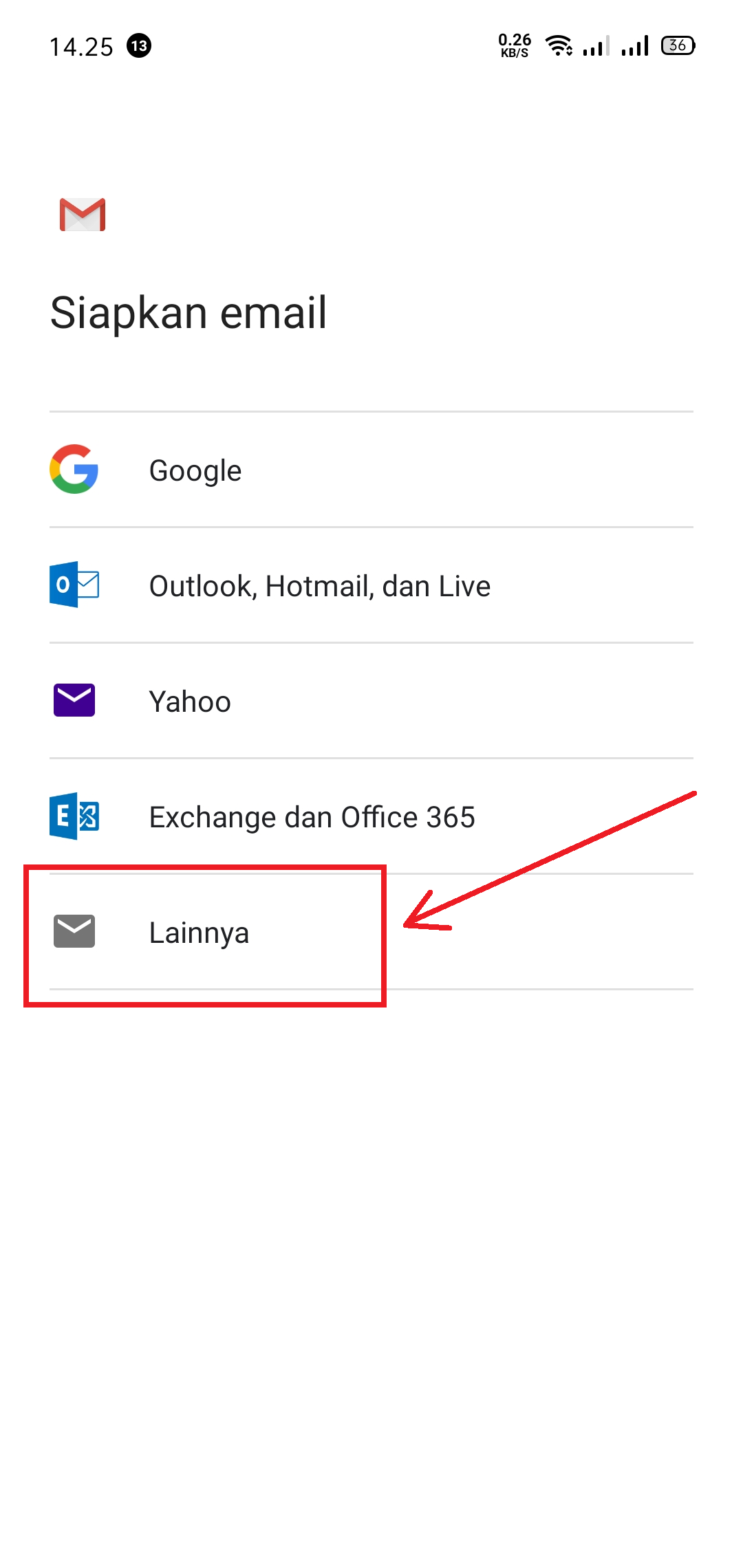 Pilih Email Lainnya pada Android