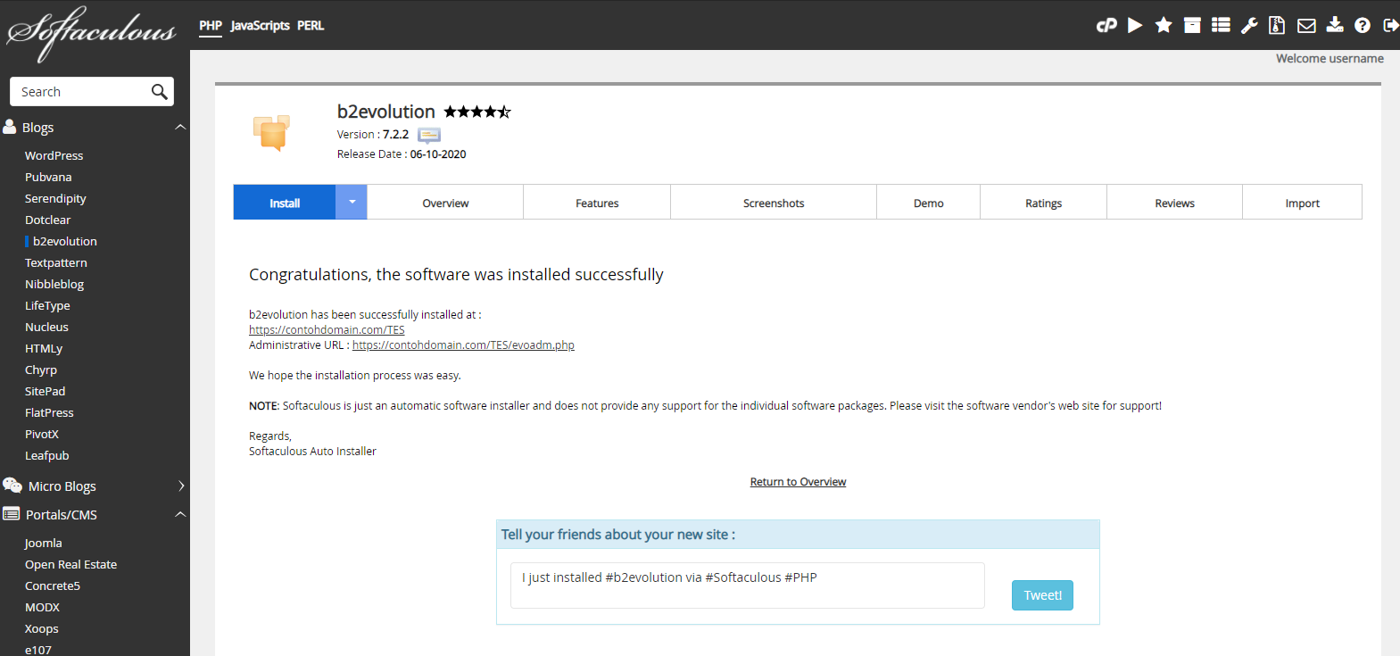 Proses Instalasi b2evolution Selesai