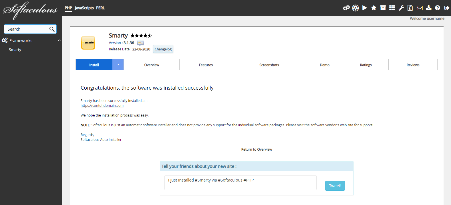 Smarty Berhasil Diinstal