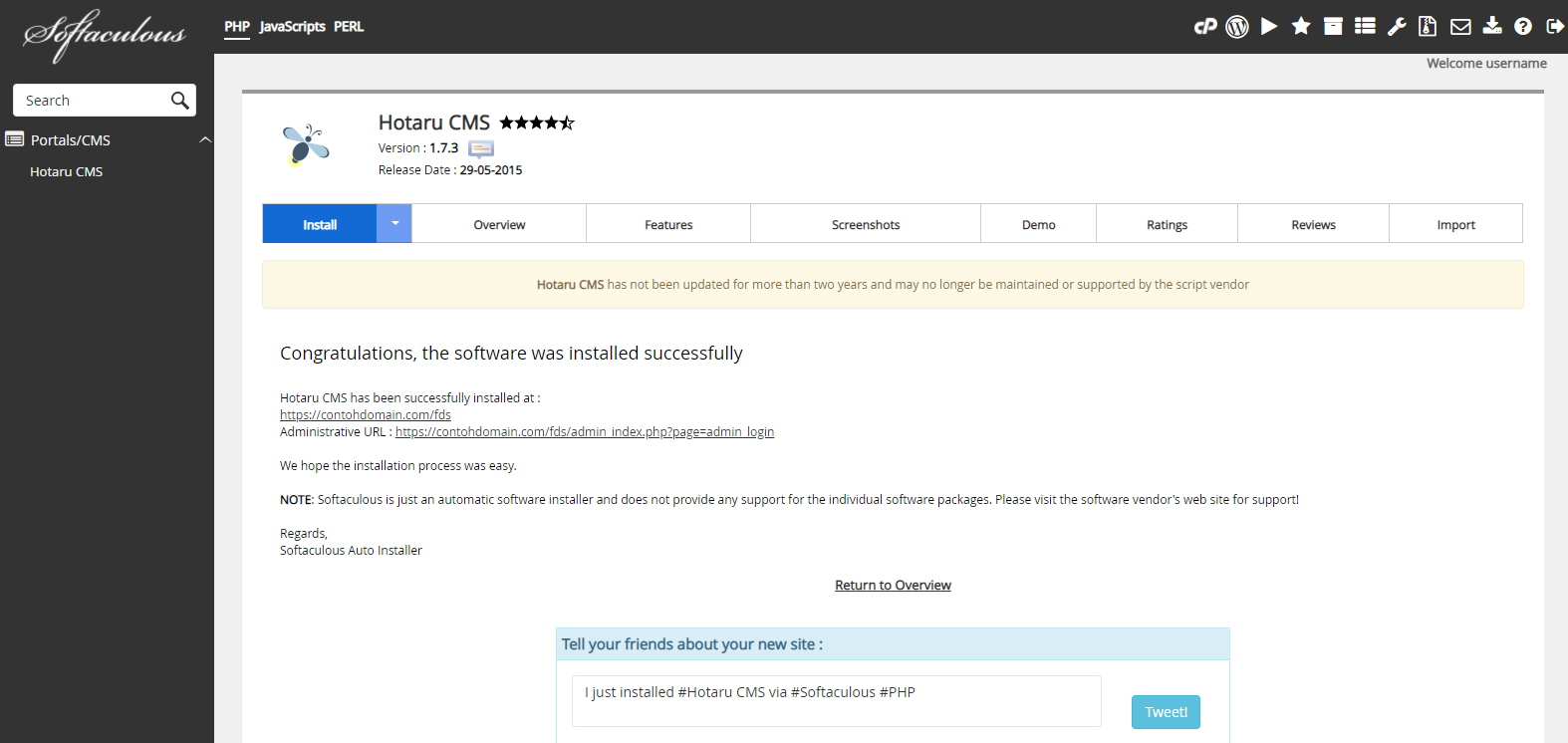 Instalasi Hotaru CMS Selesai