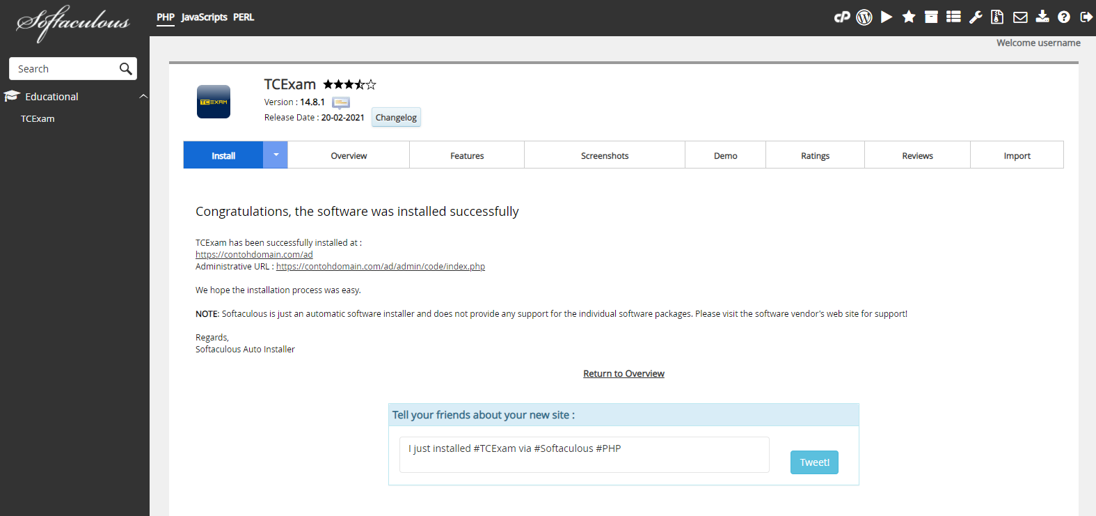 Instalasi TCExam Selesai