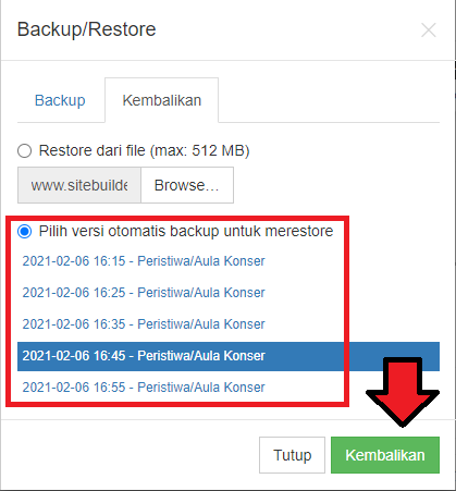 Pilih File Restore dari Website Builder