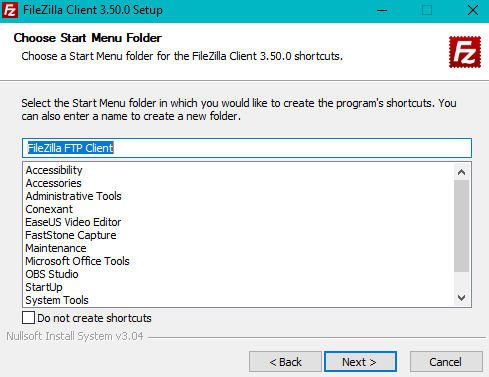Pilih Nama Folder Installasi FileZilla