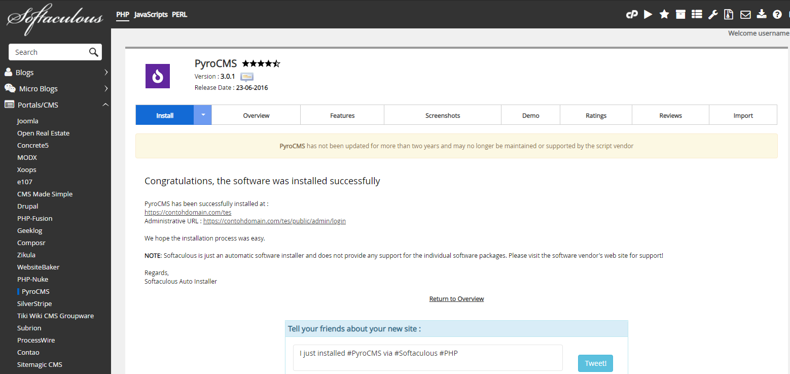 Instalasi PyroCMS Selesai