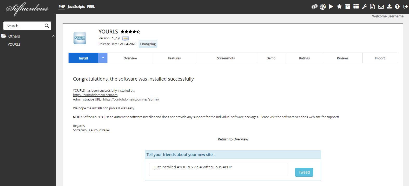 Instalasi YOURLS Selesai