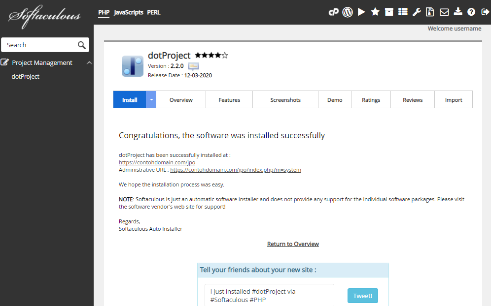 Instalasi dotProject Selesai