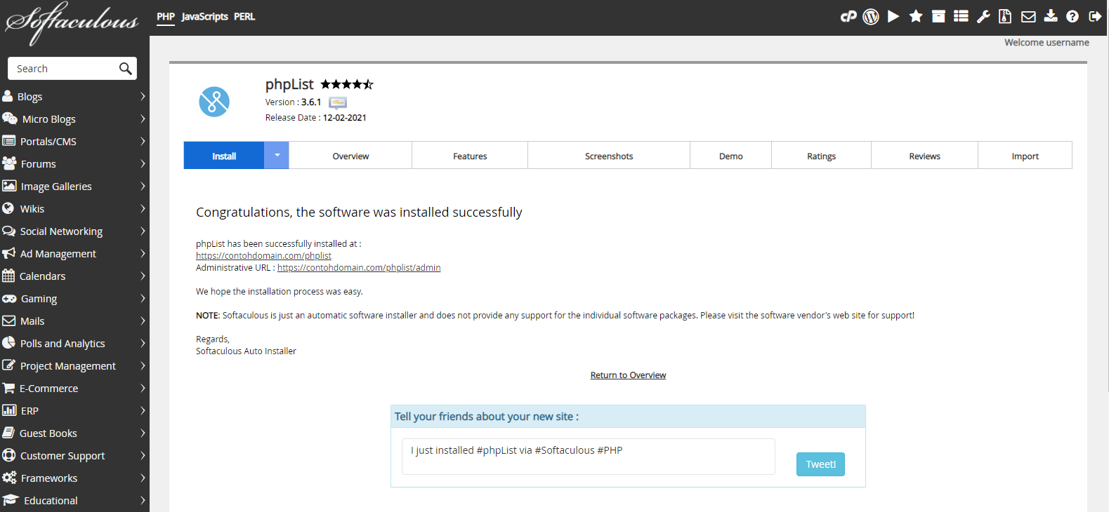 Instalasi phpList Selesai
