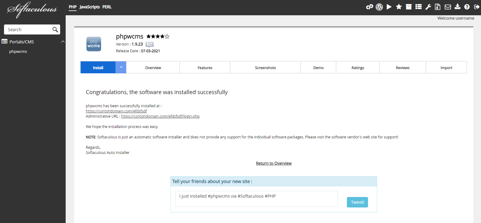 Instalasi phpwcms Selesai