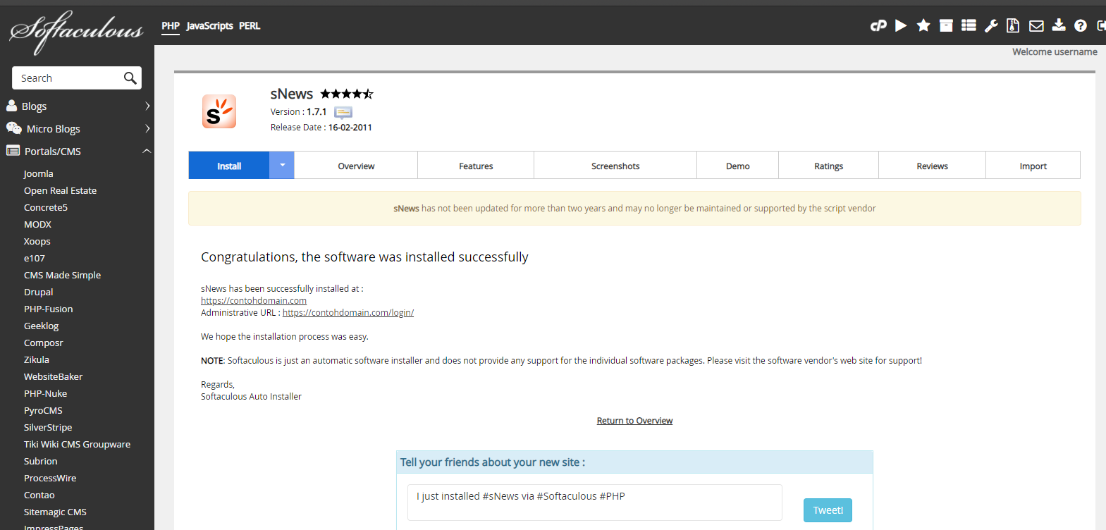 Instalasi sNews Selesai