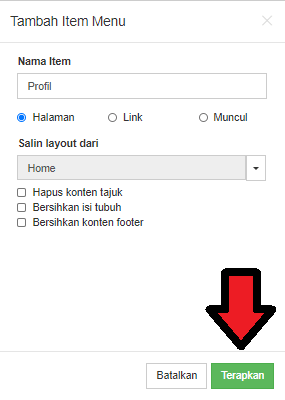 Setting Item Menu Website Builder