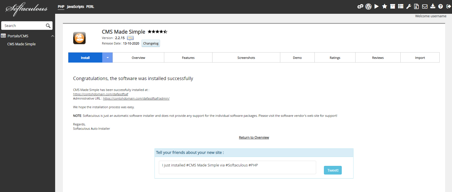 Instalasi CMS Made Simple Selesai