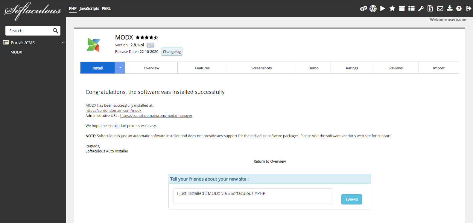 Instalasi MODX Selesai