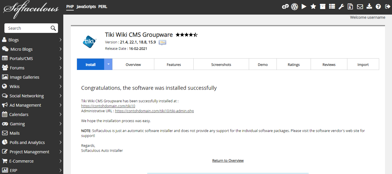 Instalasi Tiki Wiki CMS Berhasil