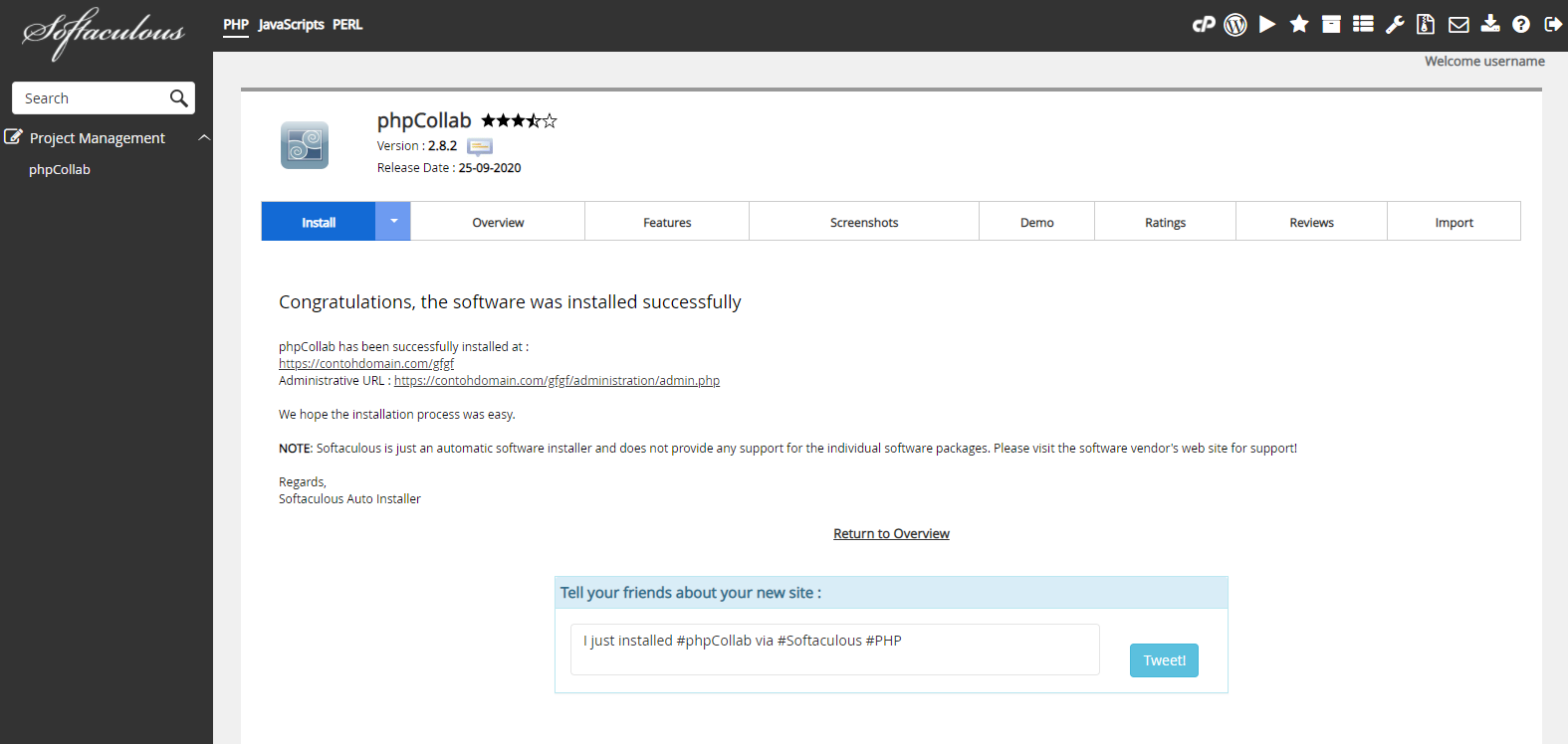 Instalasi phpCollab Selesai