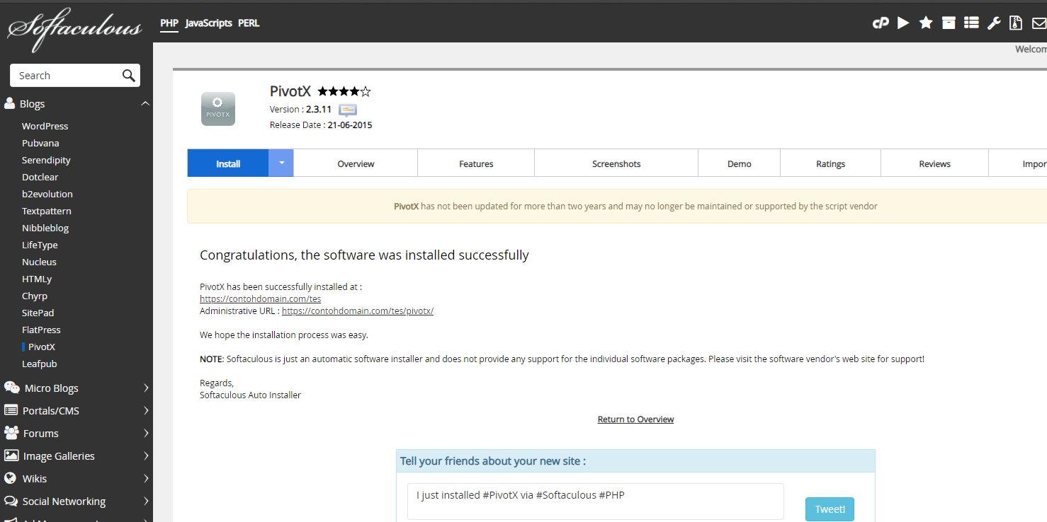 Proses Instalasi PivotX Selesai