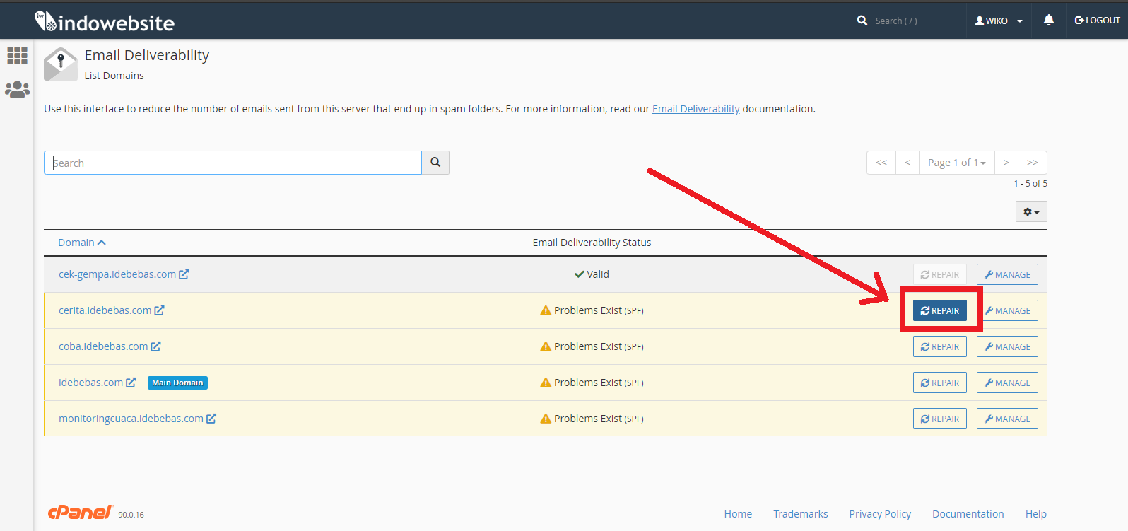 Tombol Repair DKIM dan SPF