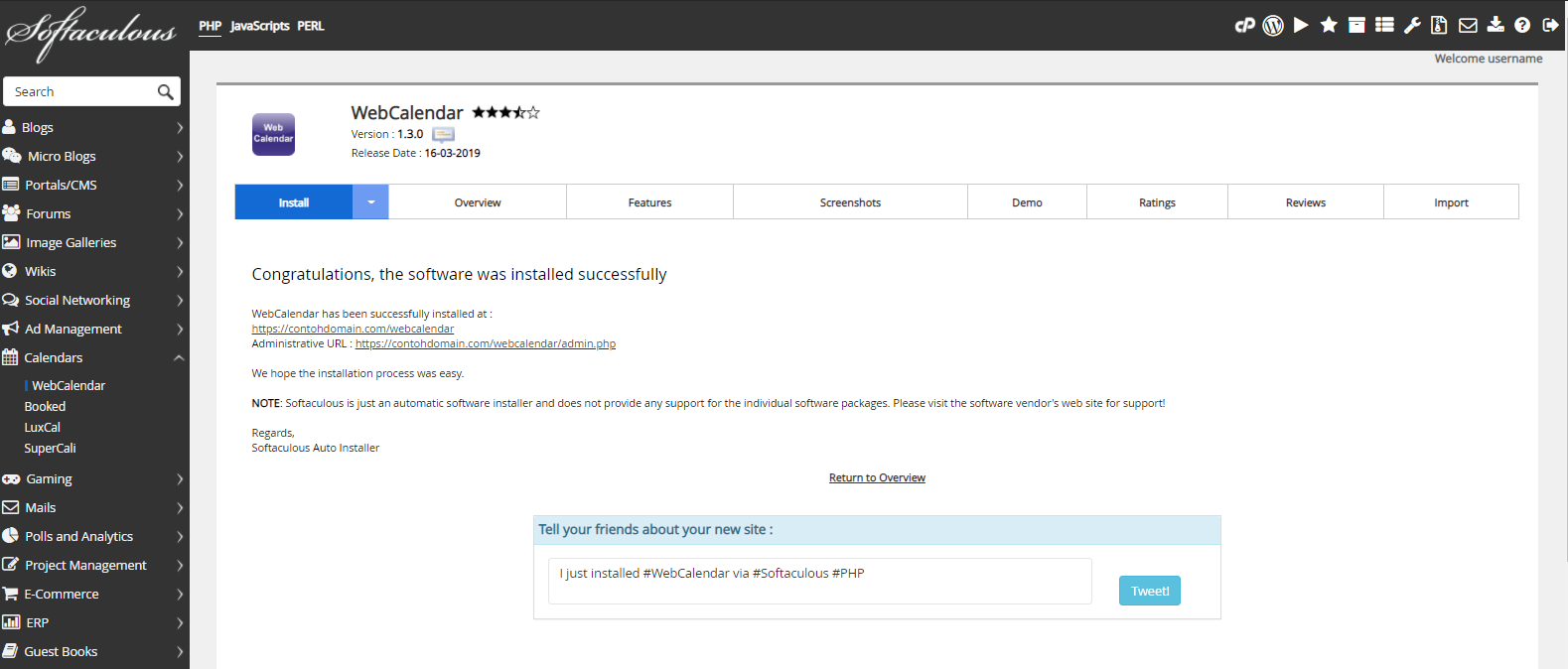 WebCalendar Berhasil Diinstal