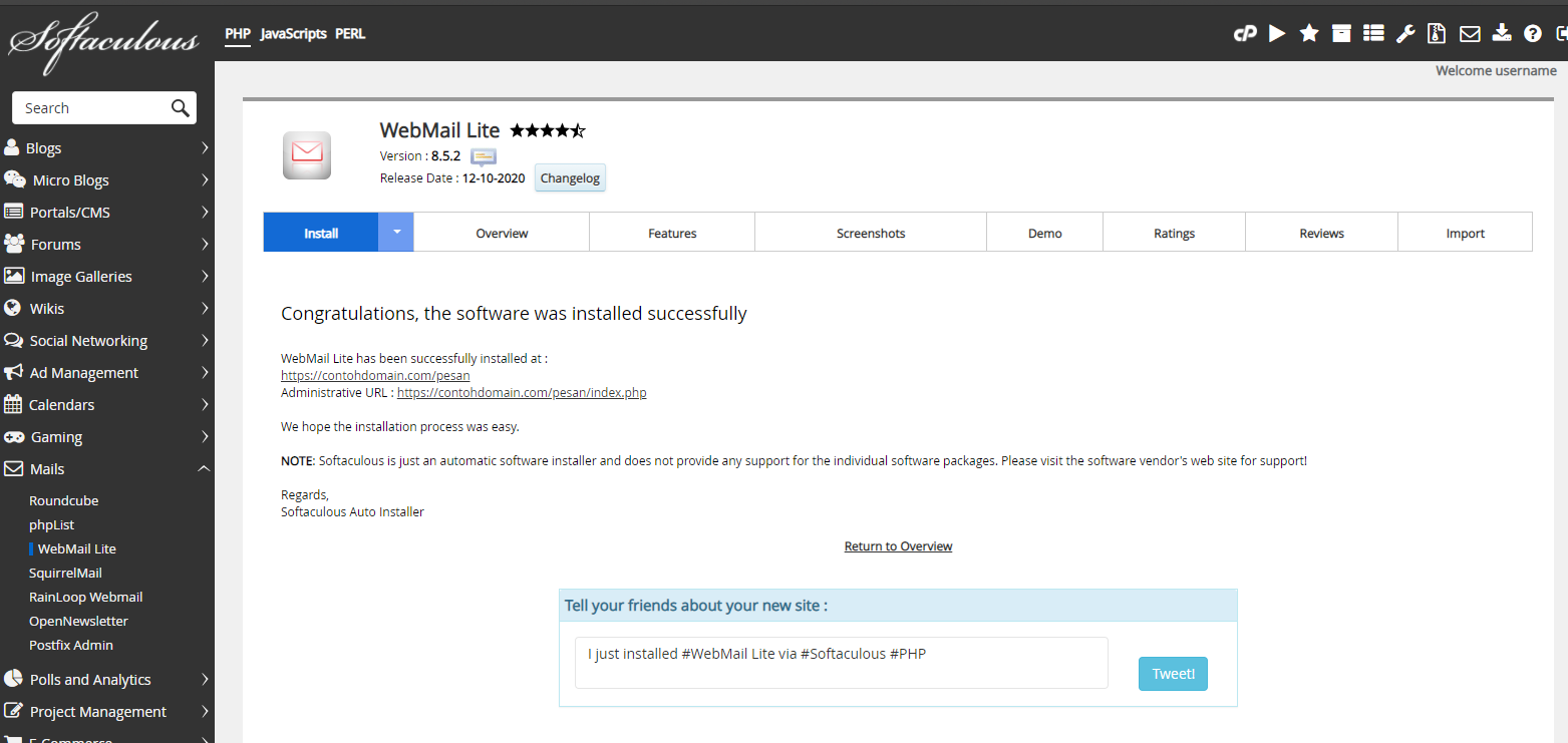 Instalasi WebMail Lite Selesai