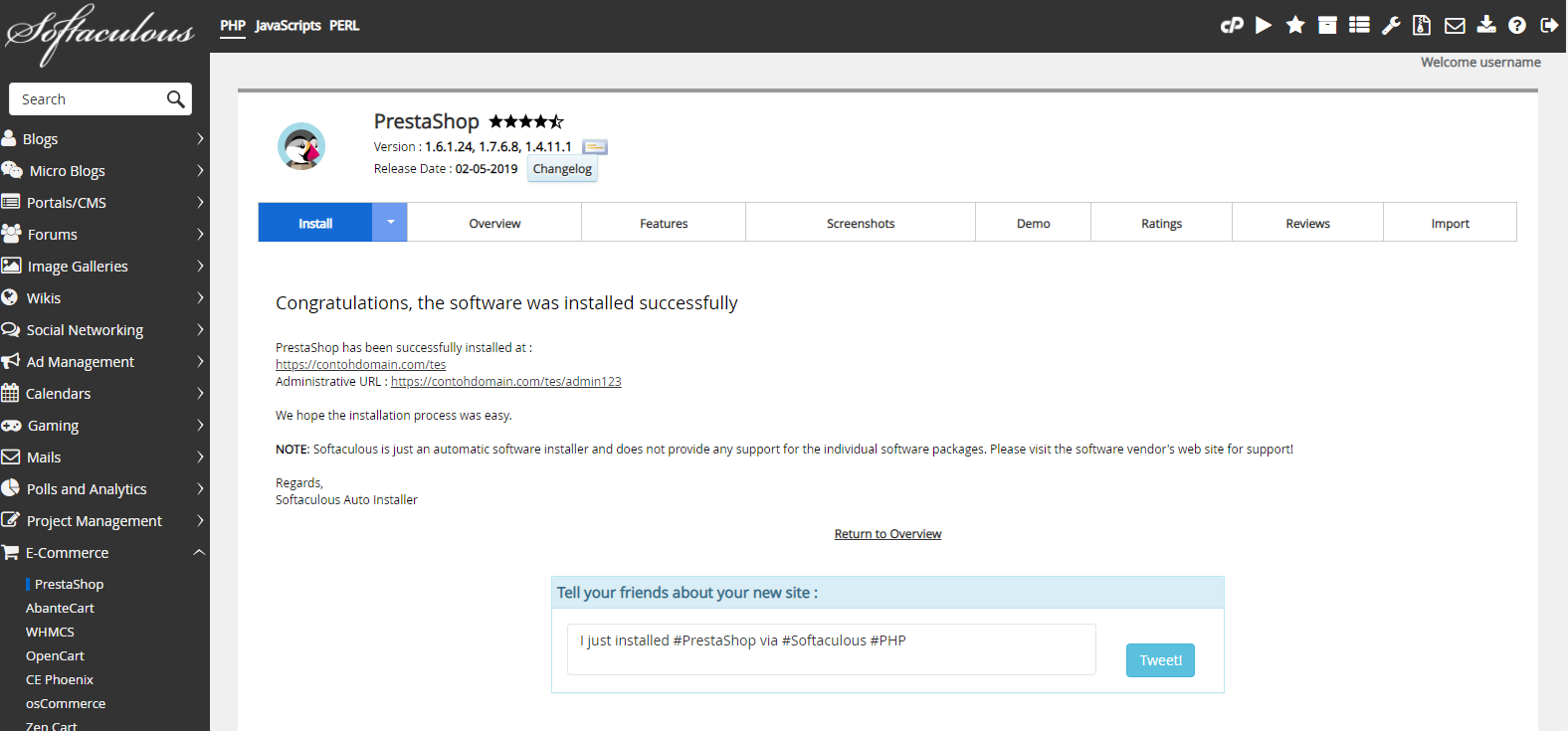 Proses Instalasi Prestashop Selesai