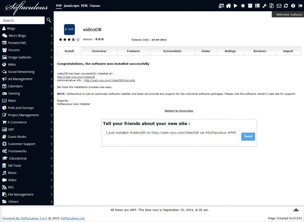 Instalasi videoDB Selesai