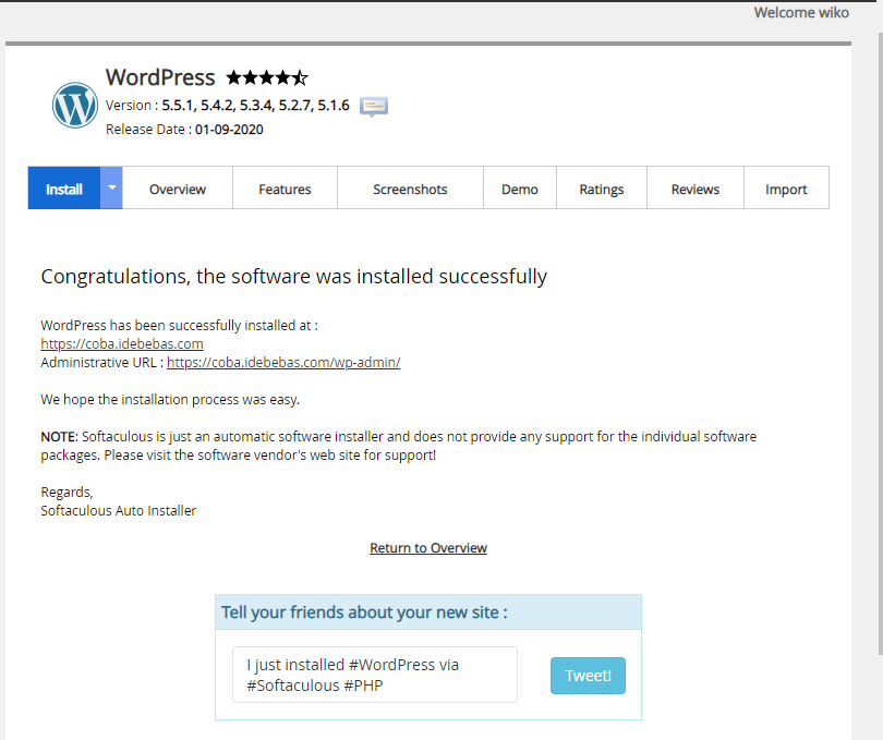 Proses Instalasi Wordpress Selesai
